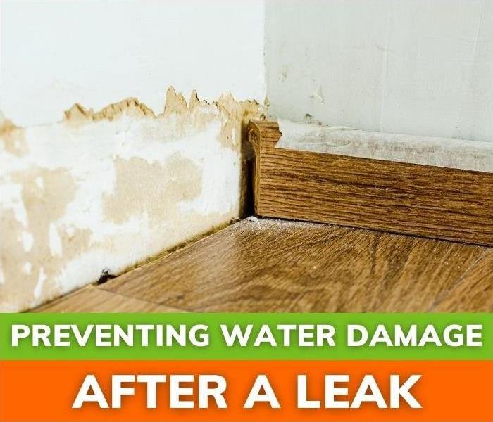 Water damage to walls, floor, baseboards occurred from a leak
