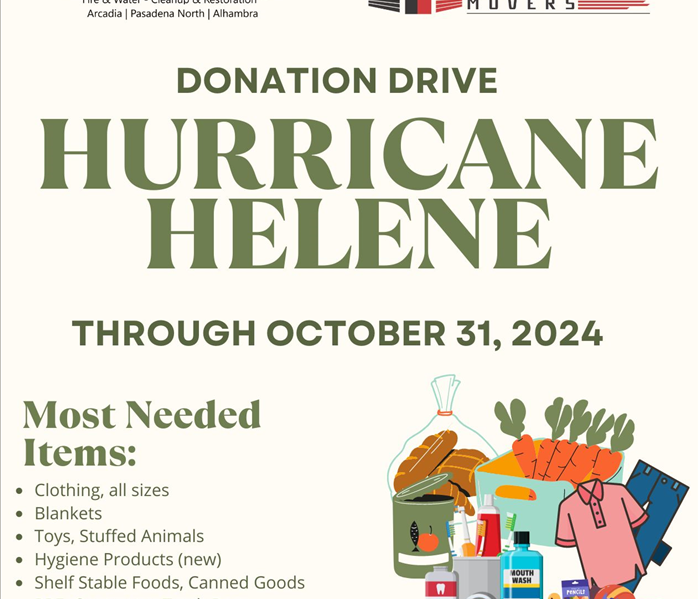 Graphic promoting Hurricane Helene donation drive, displaying essential donation items like clothing, blankets, hygiene produ